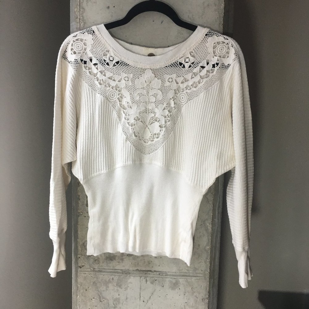 Free People White Lace Long Sleeved Knit Top
